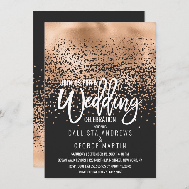 Modern Black Gold Foil Confetti Ombre Wedding Invitation (Front/Back)