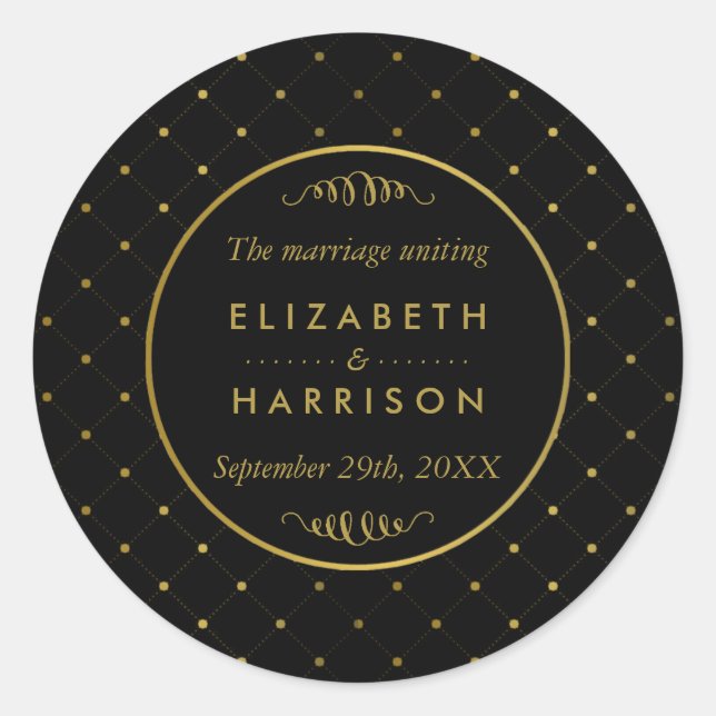 Modern Black & Gold Foil Effect Wedding Classic Round Sticker (Front)