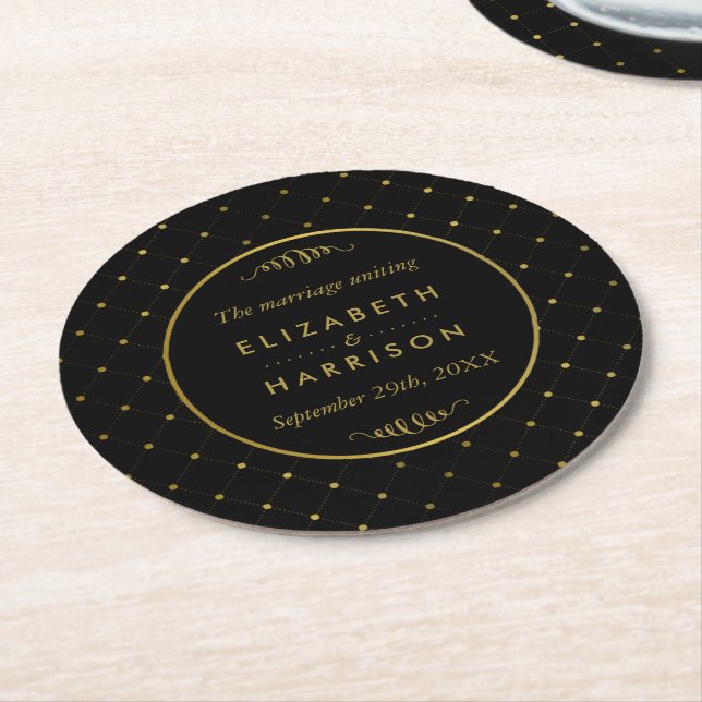 Modern Black & Gold Foil Effect Wedding Round Paper Coaster (Angled)