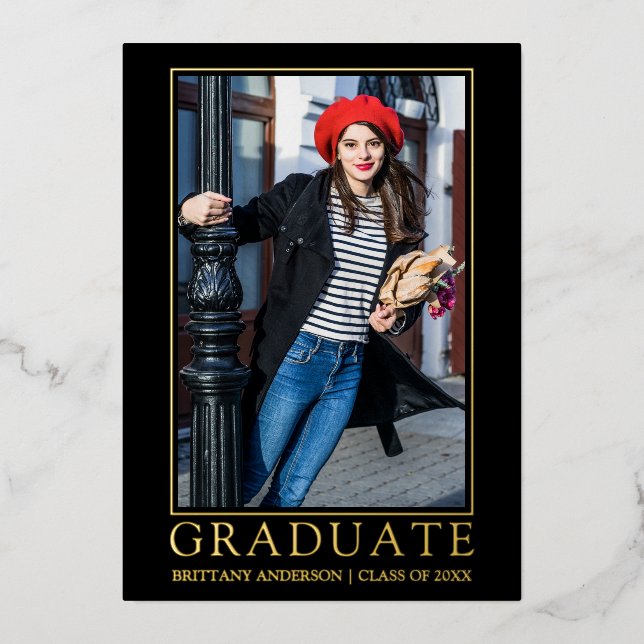 Modern Black Gold Foil Graduation Announcement (Front)