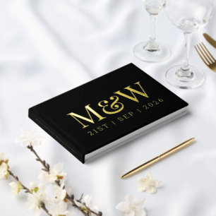 Modern Black Gold Foil Monogram Initials Wedding Guest Book