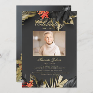 Modern Black Gold Funeral Photo Memorial Invitation