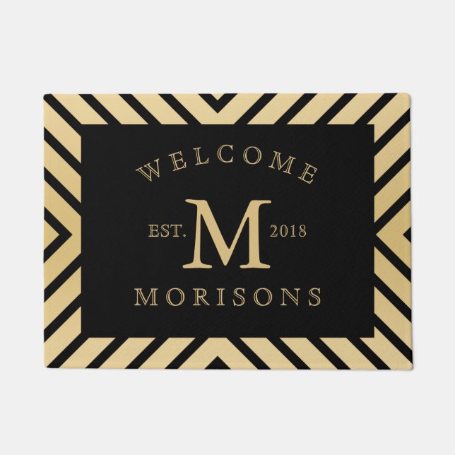 Modern Black & Gold Geometric Design Doormat (Front)