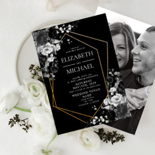Modern Black Gold Geometric Floral Photo Wedding Invitation
