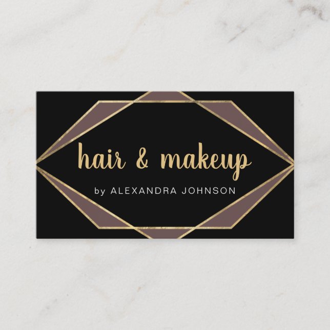 Modern Black Gold Geometric Hair Makeup Business Card (Front)