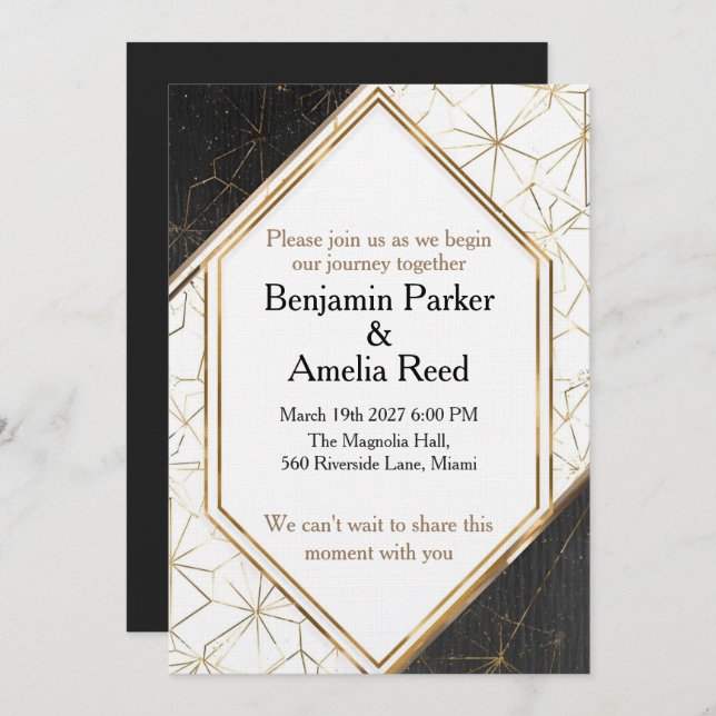 Modern Black Gold Geometric Wedding Invitation (Front/Back)