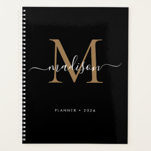 Modern Black Gold Girly Monogram Script Name 2024 Planner