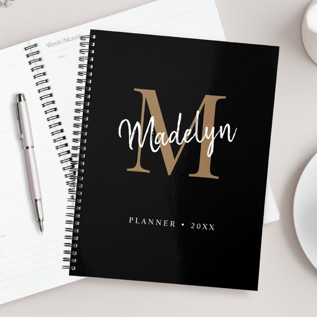 Modern Black Gold Girly Monogram Script Name Planner (Creator Uploaded)