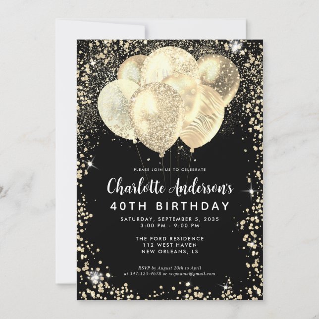 Modern Black Gold Glam Glitter Balloon Birthday Invitation (Front)