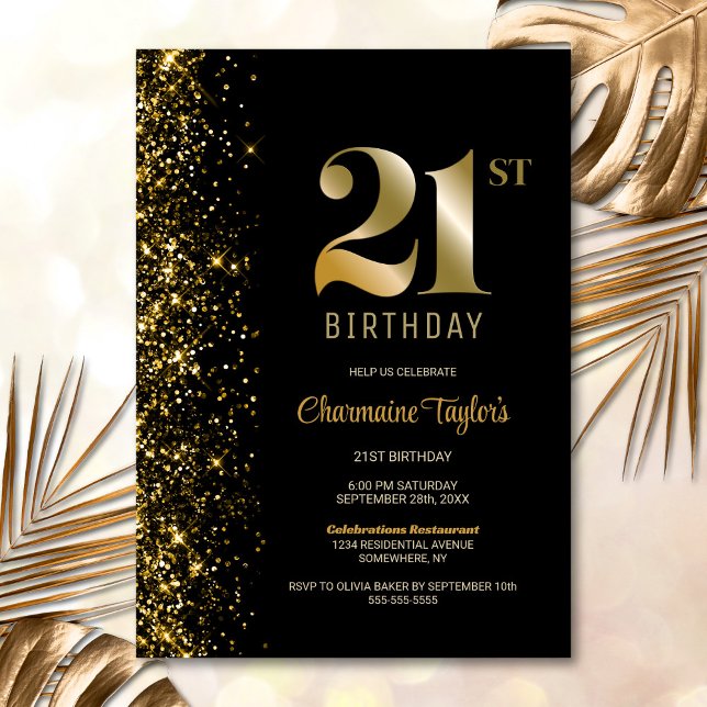 Modern Black Gold Glitter 21st Birthday Party Invitation (Creator Uploaded)