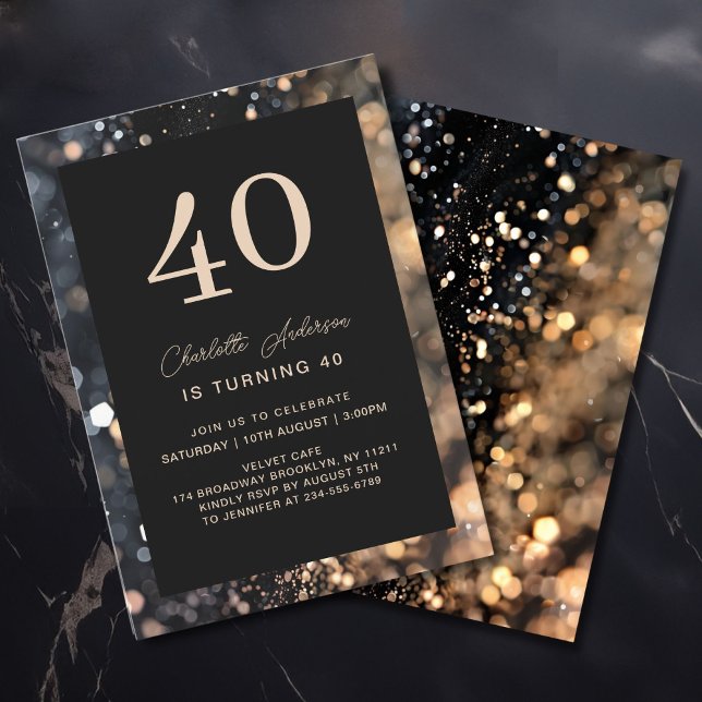 Modern, Black, Gold, Glitter, 40. Birthday  Invitation (Modern, Black, Gold, Glitter, Glamour, 40. Birthday Invitation)