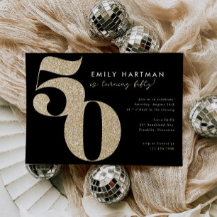 Modern Black Gold Glitter 50th Birthday Party Invitation