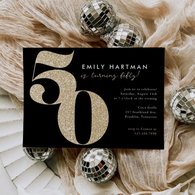 Modern Black Gold Glitter 50th Birthday Party Invitation (Creator Uploaded)