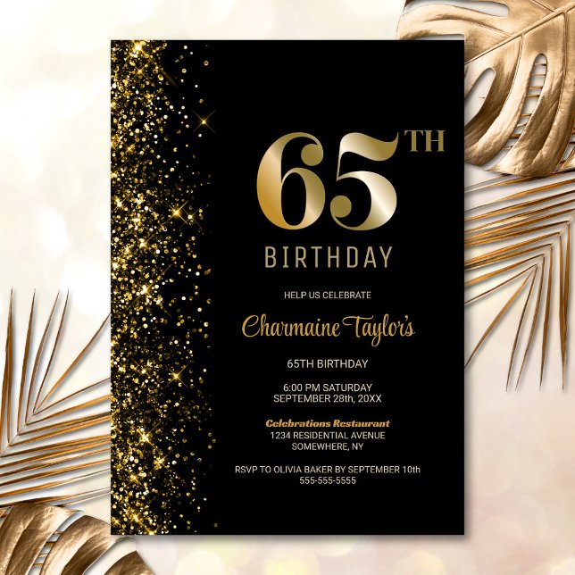 Modern Black Gold Glitter 65th Birthday Party Invitation (Creator Uploaded)