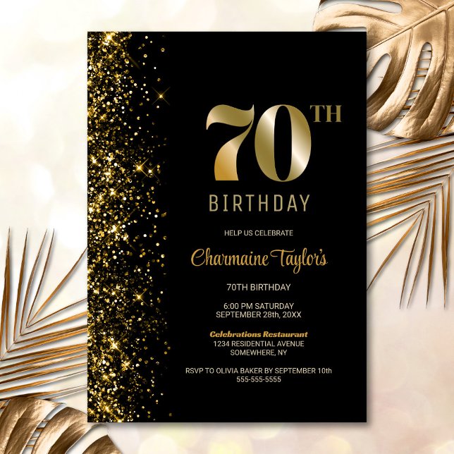 Modern Black Gold Glitter 70th Birthday Party Invitation (Creator Uploaded)