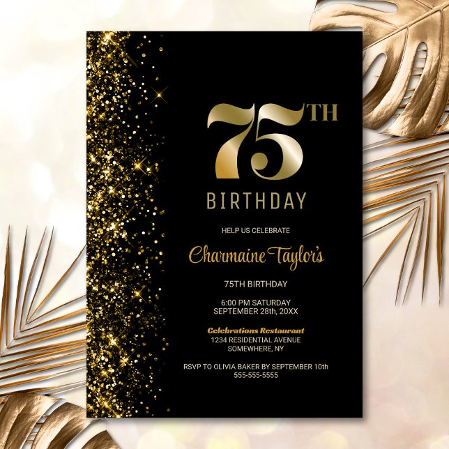 Modern Black Gold Glitter 75th Birthday Party Invitation (Creator Uploaded)