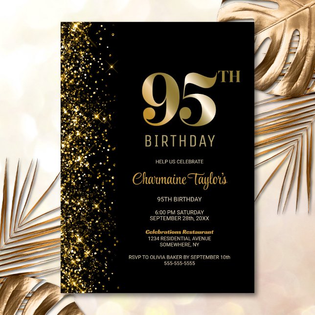 Modern Black Gold Glitter 95th Birthday Party Invitation (Creator Uploaded)