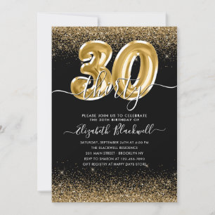 Modern Black Gold Glitter Balloon 30th Birthday Invitation