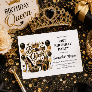 Modern Black Gold Glitter Birthday Queen Invite