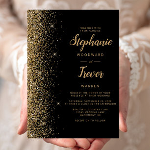 Modern Black Gold Glitter Brush Script Wedding Invitation