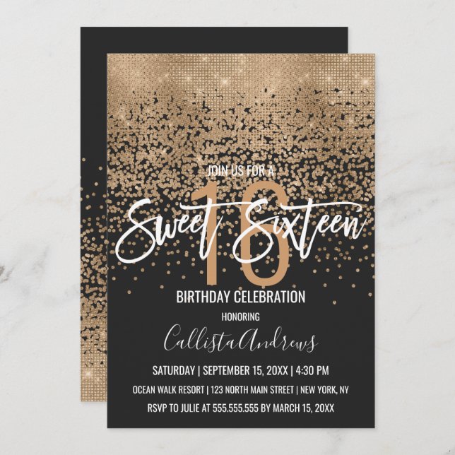 Modern Black Gold Glitter Confetti Sweet 16 Invitation (Front/Back)