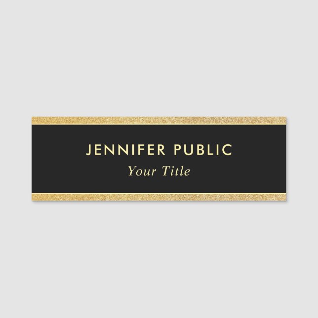 Modern Black Gold Glitter Custom Rectangle Small Name Tag (Front)