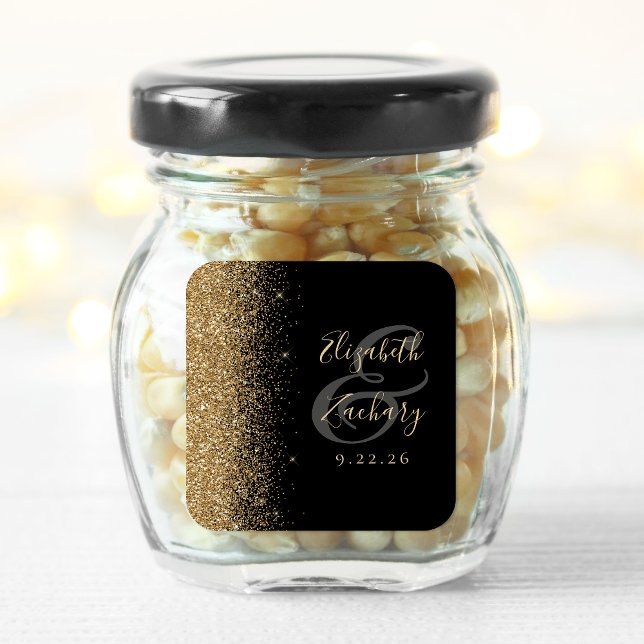 Modern Black Gold Glitter Edge Wedding Square Sticker (Creator Uploaded)