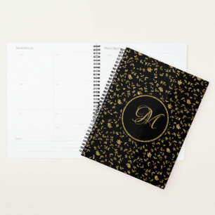 Modern Black Gold Glitter Girly Flowers Planner