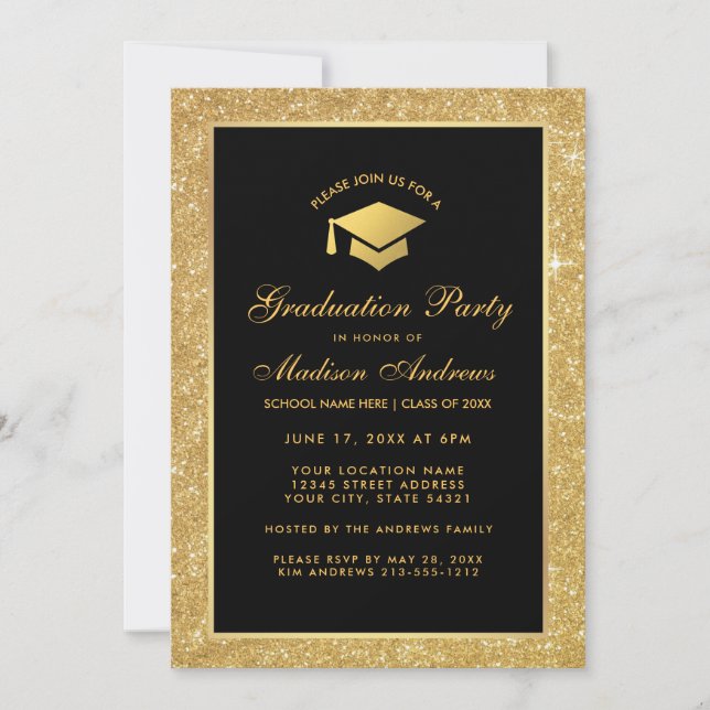 Modern Black Gold Glitter Graduation Party Invite (Front)