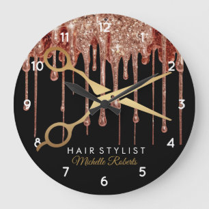 Modern black Gold Glitter Hairstylist Large Clock