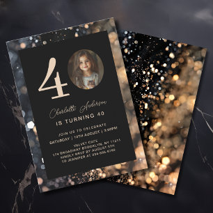 Modern, Black, Gold, Glitter, Photo, 40. Birthday Invitation