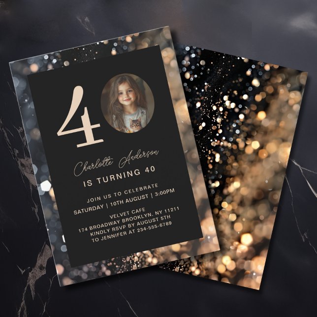 Modern, Black, Gold, Glitter, Photo, 40. Birthday  Invitation (Modern, Black, Gold, Glitter, Photo, 40. Birthday Invitation)