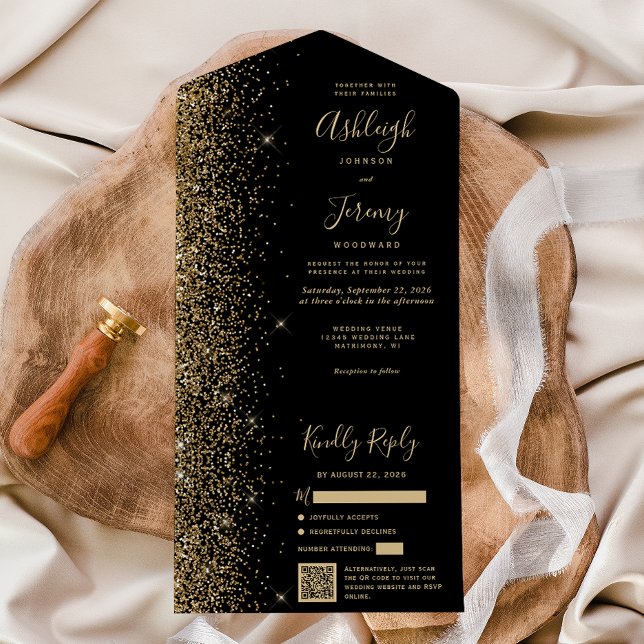 Modern Black Gold Glitter QR Code Wedding All In One Invitation (Creator Uploaded)