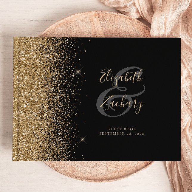 Modern Black Gold Glitter Script Guest Book (Creator Uploaded)
