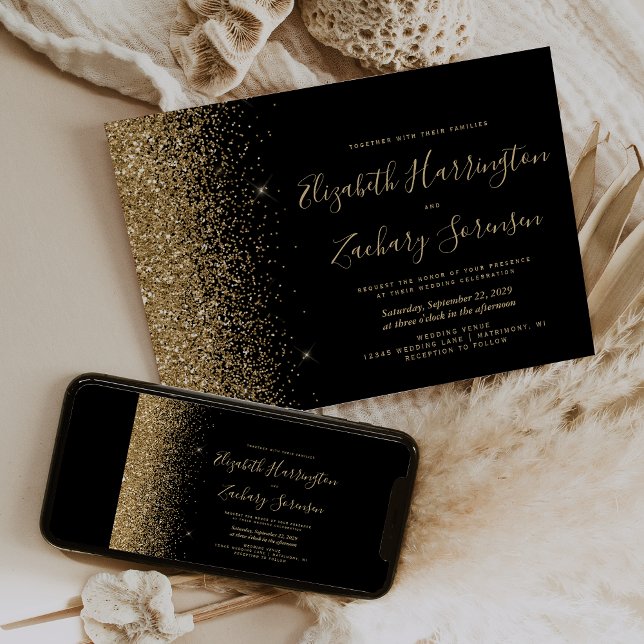 Modern Black Gold Glitter Script Wedding Invitation (Creator Uploaded)