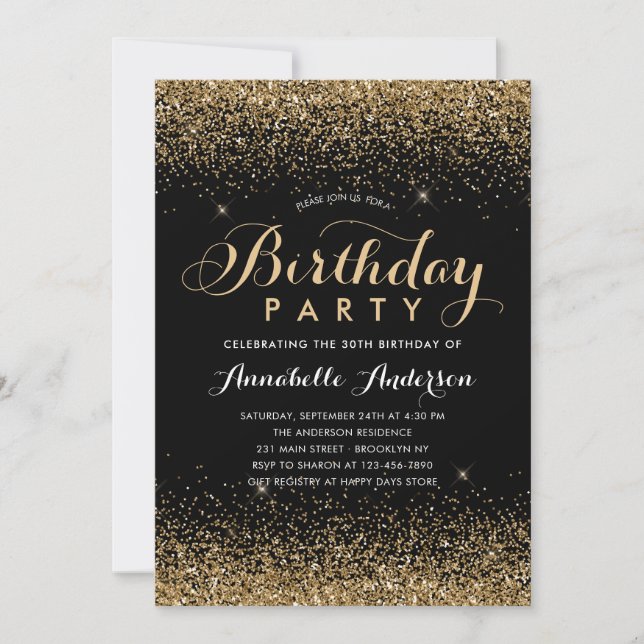 Modern Black Gold Glitter Sparkle Any Age Birthday Invitation (Front)