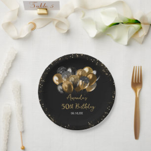 Modern Black Gold Glitter Sparkle Any Age Birthday Paper Plate