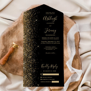Modern Black Gold Glitter Wedding All In One Invitation