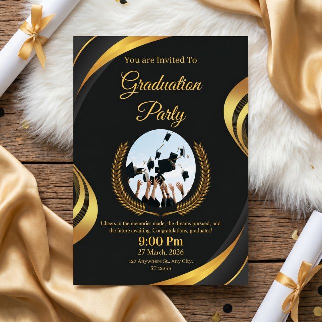 Modern Black & Gold Graduation Party Invitation (Creator Uploaded)