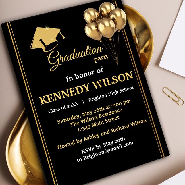 Modern Black Gold Graduation Party Invitation (Celebrate your graduation in style with this Gold Sparkles Graduation Party Invitation. #sparkles)