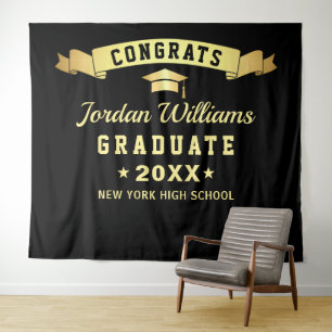 Modern Black Gold Graduation Party Photo Backdrop Tapestry