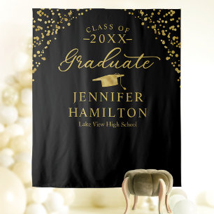 Modern Black Gold Graduation Photo Booth Backdrop Tapestry