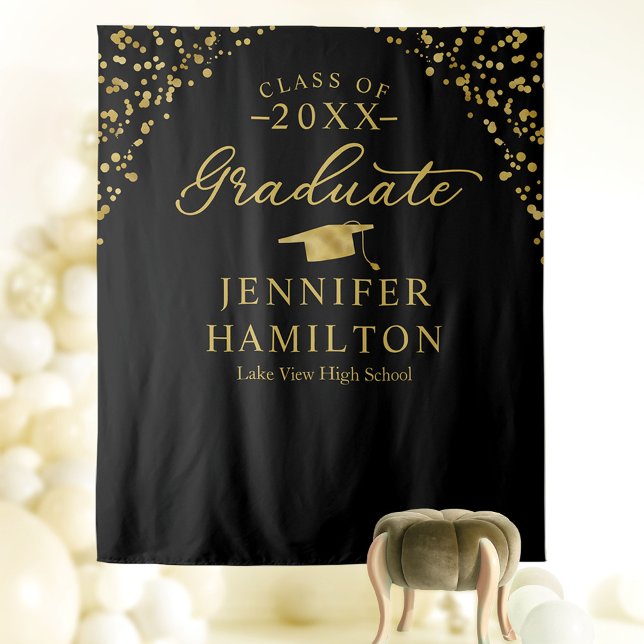 Modern Black Gold Graduation Photo Booth Backdrop Tapestry (Creator Uploaded)
