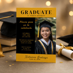 Modern Black Gold Graduation Photo Invitation