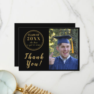 Modern Black & Gold Graduation Photo Thank You