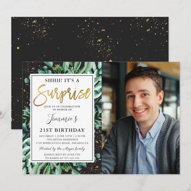 Modern Black Gold Greenery Surprise Birthday Photo Invitation (Front/Back)