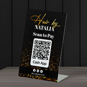 Modern Black Gold Hair Salon Cash App QR Code Pedestal Sign