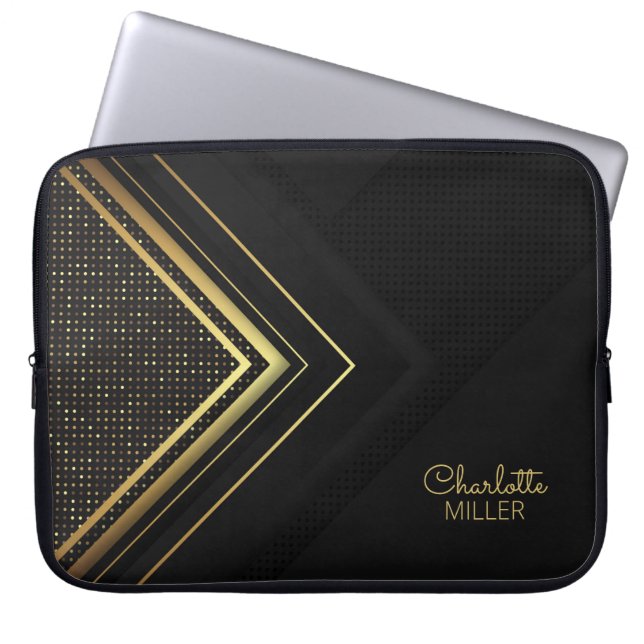 Modern Black-Gold Halftone Pattern and Custom Name Laptop Sleeve (Front)