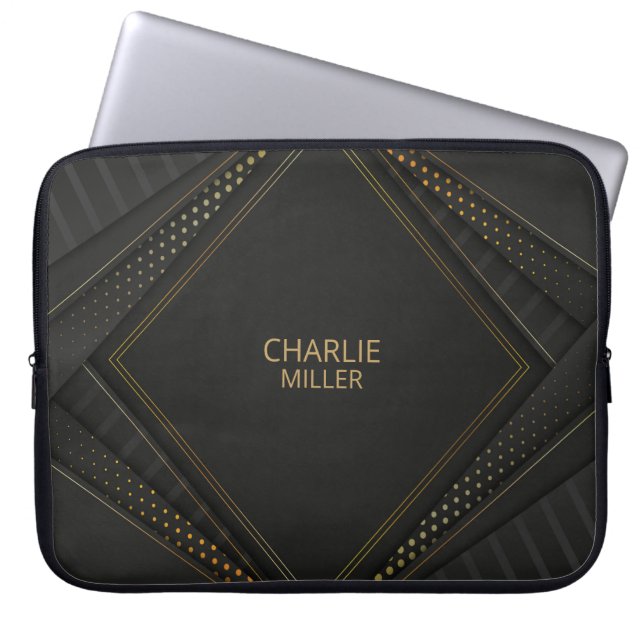 Modern Black-Gold Halftone Pattern & Customisation Laptop Sleeve (Front)