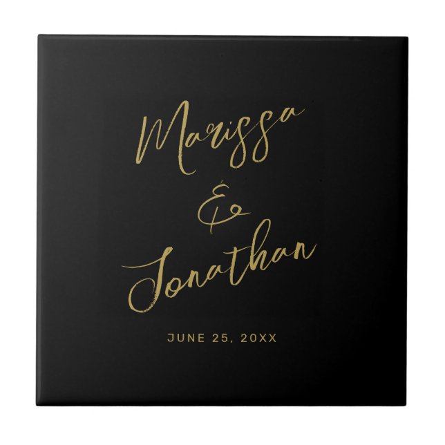 Modern Black Gold Hand Lettered Script Wedding Ceramic Tile (Front)